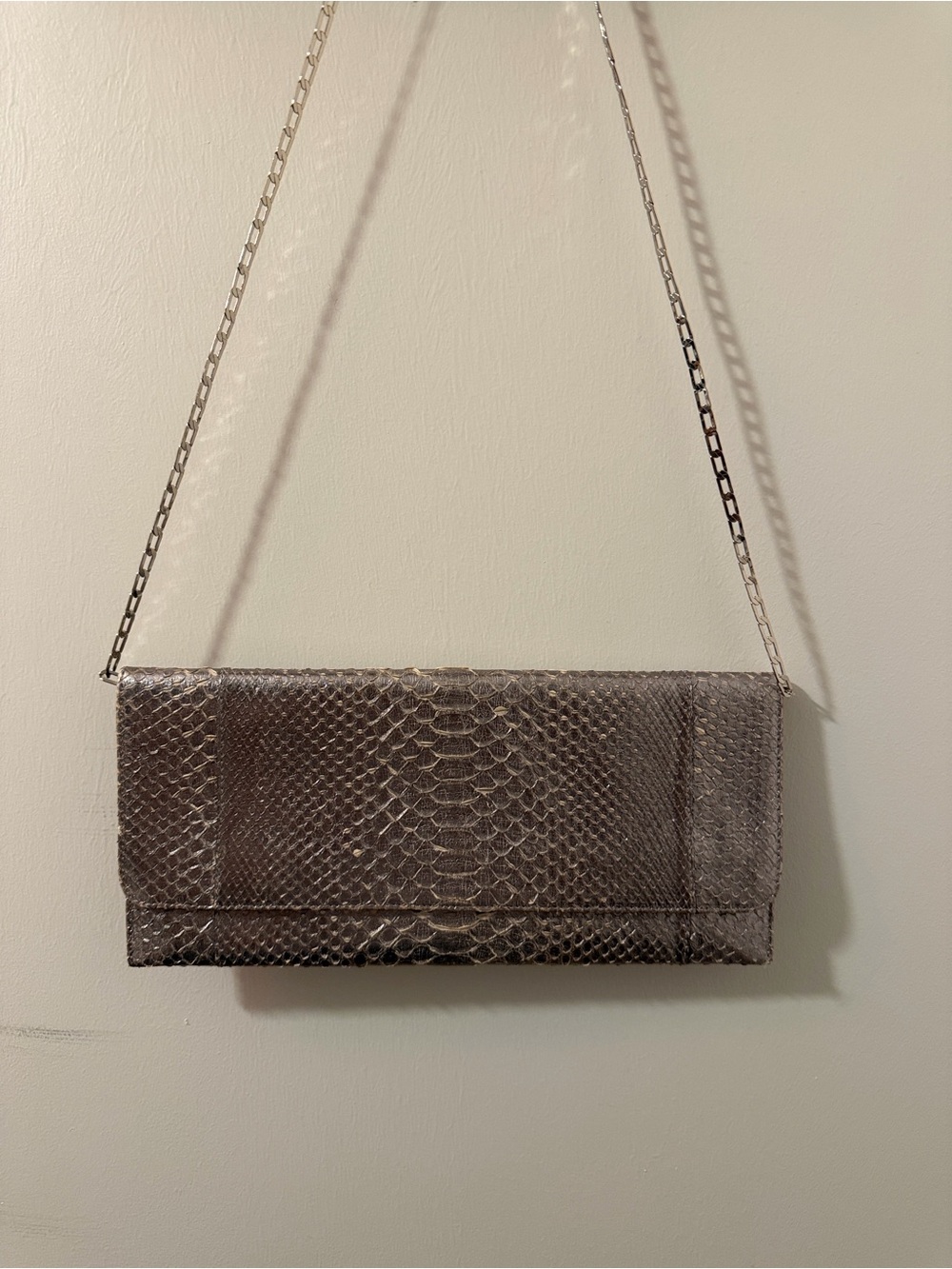 Vintage Carlos Falchi Metallic Silver Snake-Embossed Shoulder Clutch